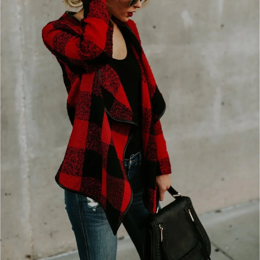 Women' plaids Fall Winter Long Sleeves Open Front Leopard Print Knitted Sweater